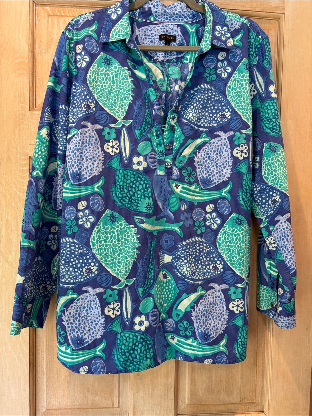 Talbots Blue & Teal Fish-Print Top 100% Cotton XL